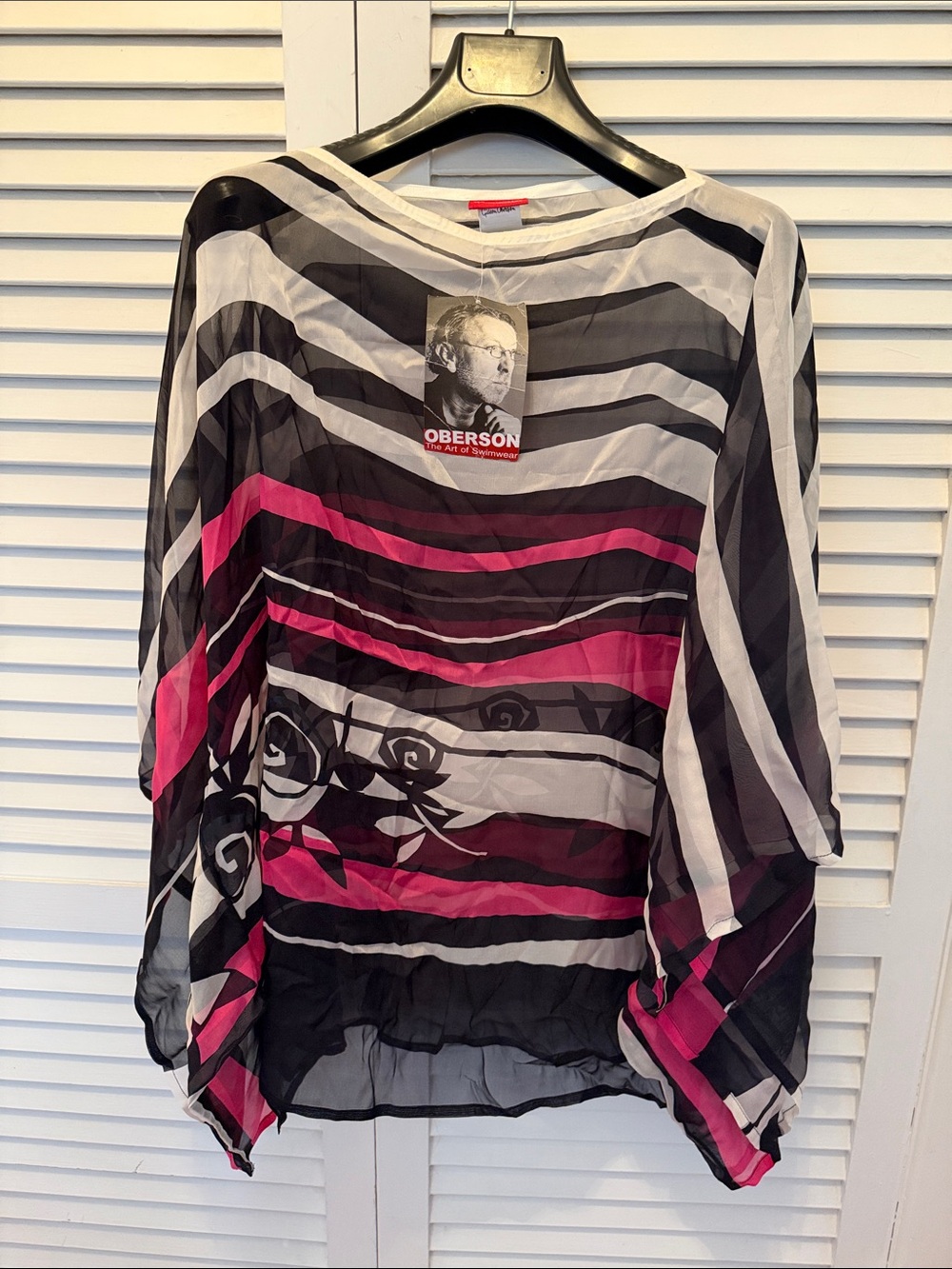 Beachwear NWT Gideon Oberon Silk Pink & Black Striped Sheer Tunic Top M/l